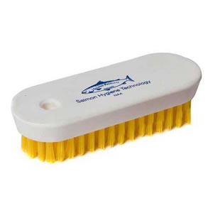 120mm Stiff Polyester Vegetable Cleaning Brush with a white wooden stock & Yellow Bristles. Made in England.