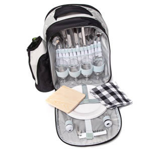 The Caraselle 4-Person Picnic Backpack & Dinner Set. Black & Grey.