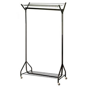 Unique Spacesaving 4' Superior All Black Clothes Rail with Top & Bottom Shelves