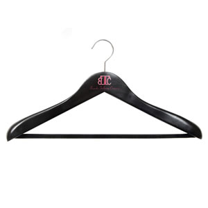 Caraselle Deluxe Shaped Black Wooden Suit Hanger 45cm wide with Wide Shoulders 4.5cm wide & a Black Velvet Covered Trouser Bar Chrome Swivel Hook. Logo : BTC