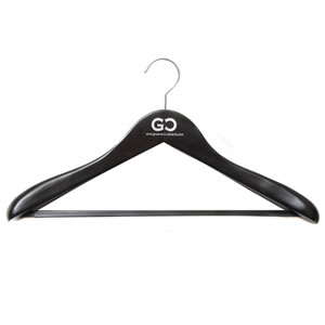 Caraselle Deluxe Shaped Black Wooden Suit Hanger 45cm wide with wide shoulders 4.5cm wide & a non-slip Trouser Bar & Chrome Swivel Hook logo: Green and Clarke