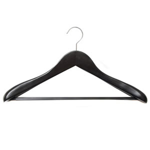 Caraselle Deluxe Shaped Black Wooden Suit Hanger 45cm wide with Wide Shoulders 4.5cm wide & a Black Velvet Covered Trouser Bar Chrome Swivel Hook.