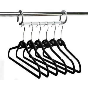 1 Silver Multi-Hanging Bar with 6 Black Huggable Hangers - Hangs 6 Shirts / Trousers