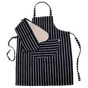 Set of C'est Ca! Classic Butchers Stripe Design Double Oven Gloves & Kitchen Apron in navy & white made in the UK