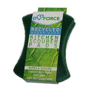 Pack of 3 x Green Ecoforce Recycled Heavy Duty Kitchen Scourer Pads