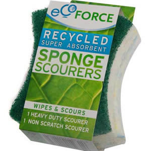 Pack of 2 Ecoforce Recycled Super Absorbent Sponge Scourers for the Kitchen: 1 x Heavy Duty & 1 x Non-Scratch