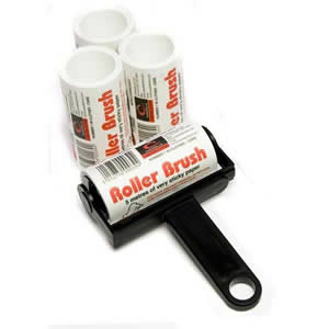 Black Trident Sticky Roller Brush and 3 Refills (20m of sticky paper) with adhesive surface which can be torn off & thrown away once used. Designed for removing lint, dust & animal hair from clothes & upholstery
