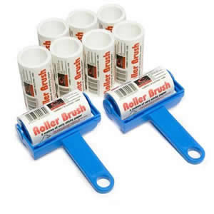 2 x Caraselle Cornflower Blue Trident Sticky Roller Brushes and 7 Refills with 45metres long roll of sticky paper with adhesive surface which can be torn off & thrown away once used. Designed for removing lint, dust & animal hair from clothes & upholstery