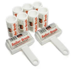 2 x White Trident Sticky Roller Brushes plus 7 Refills with 45m long roll of sticky paper with adhesive surface which can be torn off & thrown away once used. Designed for removing lint, dust & animal hair from clothes & upholstery