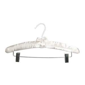 White Satin Padded Hanger with White Hook and Chrome Clips