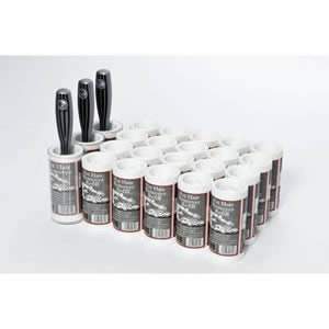 Pack of 3 Pet Hair Remover Sticky Roller Brushes with 20 Refills with 172.5metres long roll of sticky paper with adhesive surface which can be torn off & thrown away once used. Designed for removing lint, dust & animal hair from clothes & upholstery