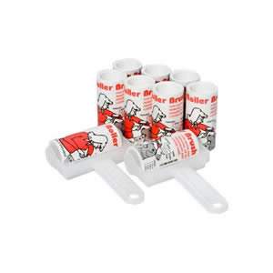 2 Sparkly Trident Handled Sticky Roller Brushes and 7 Refills with 45metres long roll of sticky paper with adhesive surface which can be torn off & thrown away once used. Designed for removing lint, dust & animal hair from clothes & upholstery