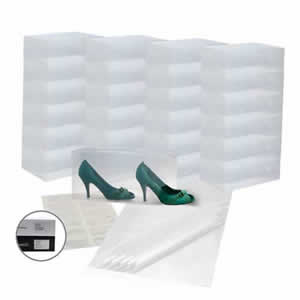 25 x Caraselle Clear Ladies Shoe Boxes + 12 Clear Adhesive PVC Pockets + 25 sheets of Acid Free Tissue Paper