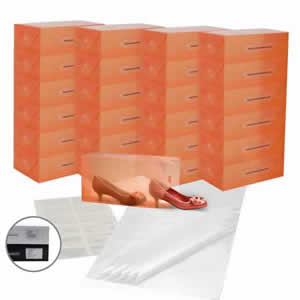 25 x Caraselle Translucent Tangerine Ladies Shoe Boxes + 12 Clear Adhesive PVC Pockets + 25 sheets of Acid Free Tissue Paper