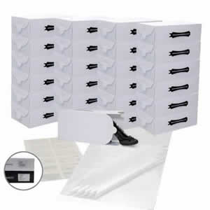 25 x Caraselle White Ladies Shoe Boxes + 12 Clear Adhesive PVC Pockets + 25 sheets of Acid Free Tissue Paper
