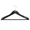 Caraselle Deluxe Shaped Black Wooden Suit Hanger 45cm wide with Wide Shoulders 4.5cm wide & a Black Velvet Covered Trouser Bar Chrome Swivel Hook. Logo : BTC