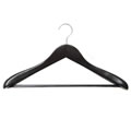 Caraselle Deluxe Shaped Black Wooden Suit Hanger 45cm wide with Wide Shoulders 4.5cm wide & a Black Velvet Covered Trouser Bar Chrome Swivel Hook.
